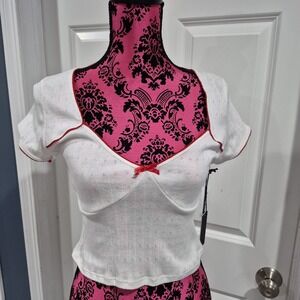 PacSun Beverly Beck Top Womens Small White Red Bow Pointelle Rockabilly Retro